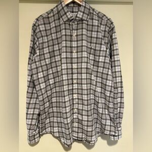 Peter Millar Gray and White Plaid Long Sleeve Button Up Shirt, size lg